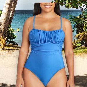 Time and Tru Women's Shiny Shirred Bandeau One Piece Swimsuit, Size M (8-10)